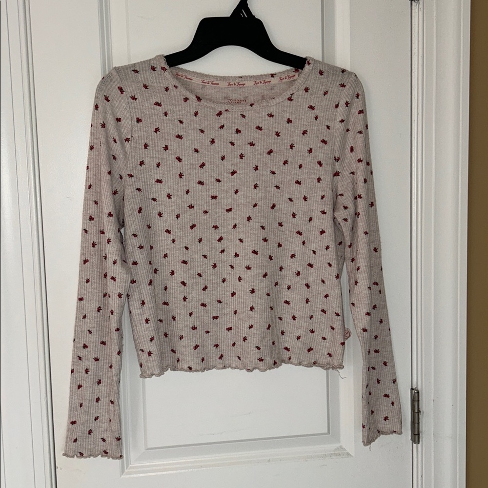Primark Cream Ribbed Long Sleeve Top with Red Floral Print